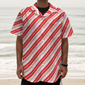 Red And White Candy Cane Stripe Print Textured Short Sleeve Shirt