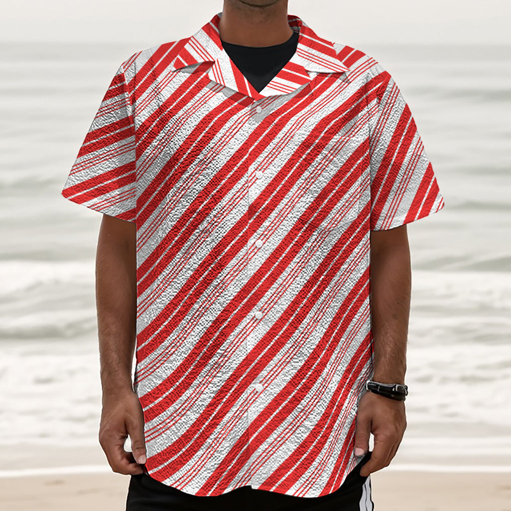 Red And White Candy Cane Stripe Print Textured Short Sleeve Shirt