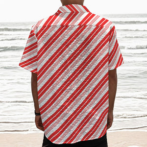Red And White Candy Cane Stripe Print Textured Short Sleeve Shirt