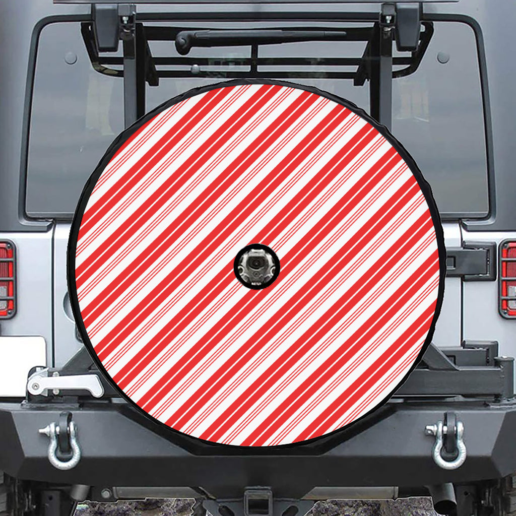 Red And White Candy Cane Stripe Print Tire Cover With Camera Hole