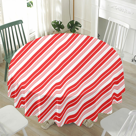 Red And White Candy Cane Stripe Print Waterproof Round Tablecloth