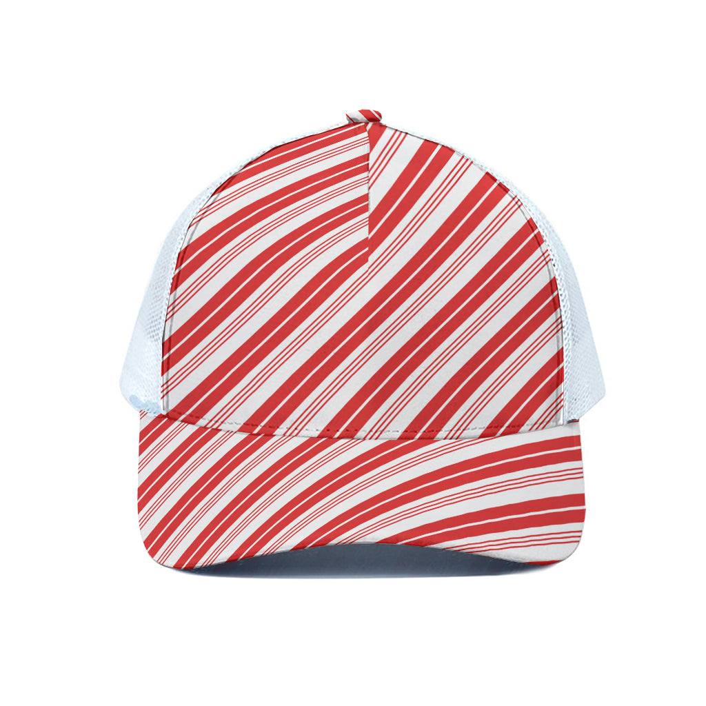 Red And White Candy Cane Stripe Print White Mesh Trucker Cap