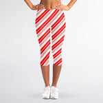 Red And White Candy Cane Stripe Print Women's Capri Leggings