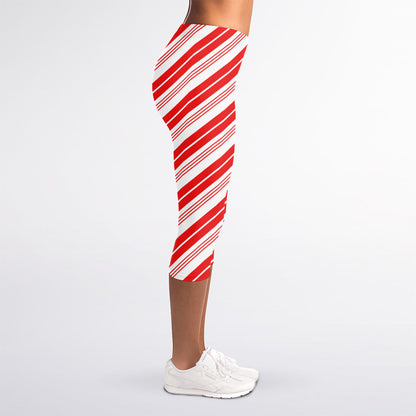 Red And White Candy Cane Stripe Print Women's Capri Leggings