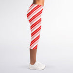 Red And White Candy Cane Stripe Print Women's Capri Leggings