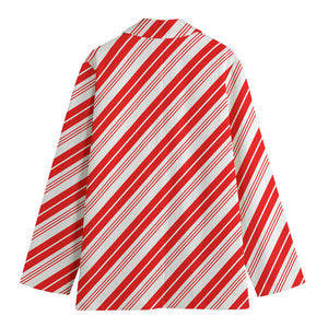 Red And White Candy Cane Stripe Print Women's Cotton Blazer