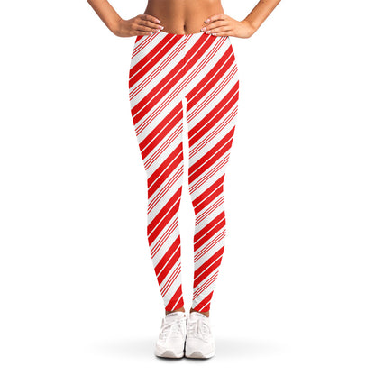 Red And White Candy Cane Stripe Print Women's Leggings