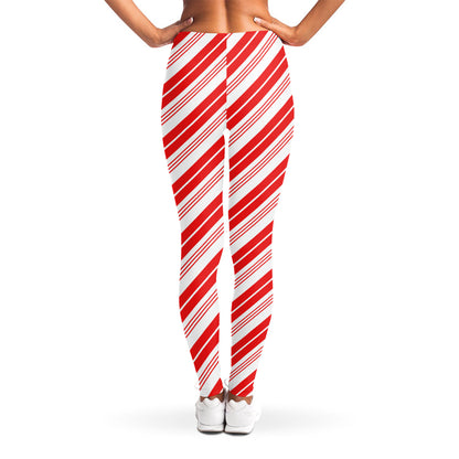 Red And White Candy Cane Stripe Print Women's Leggings