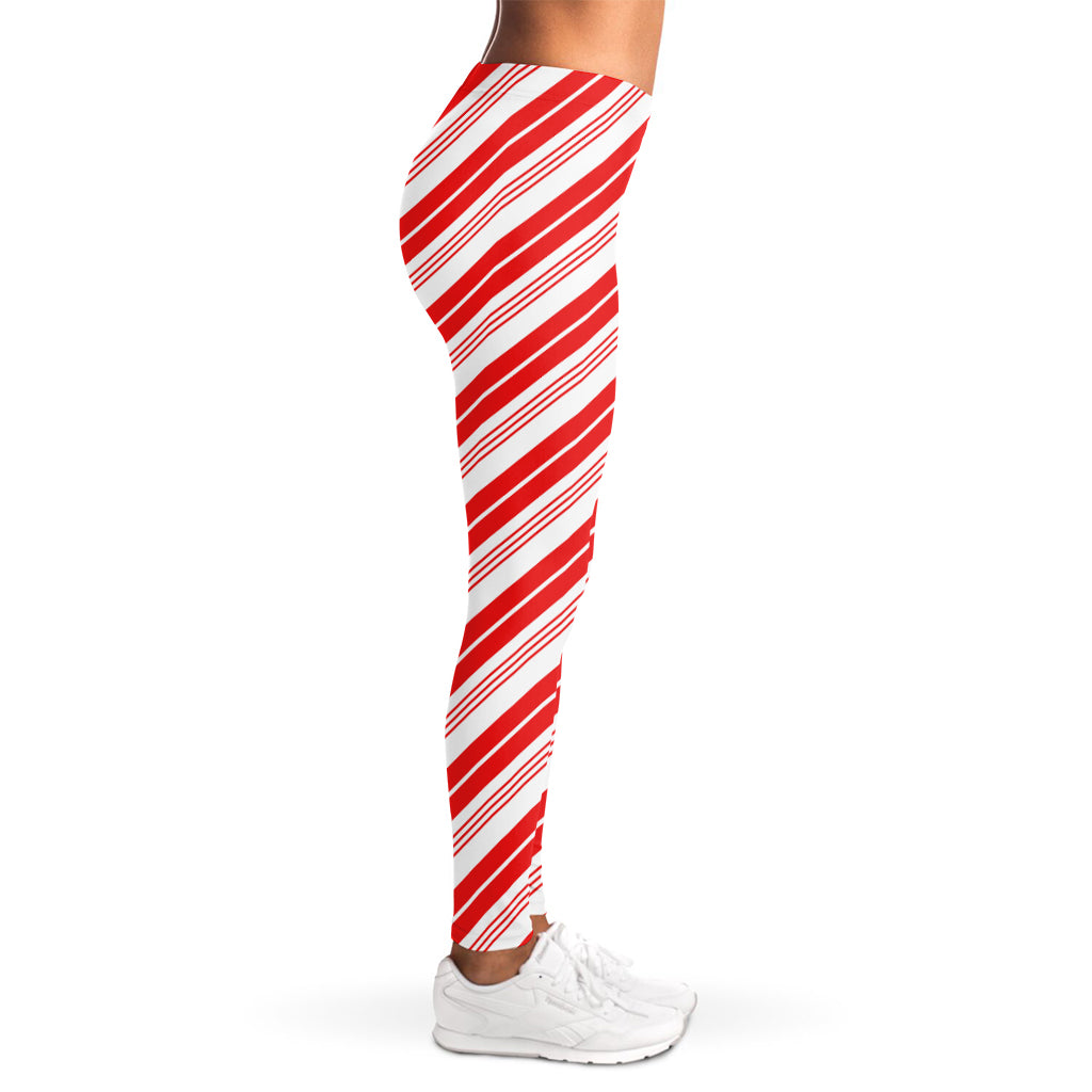 Red And White Candy Cane Stripe Print Women's Leggings