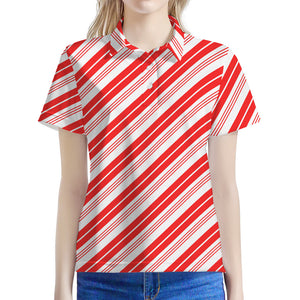 Red And White Candy Cane Stripe Print Women's Polo Shirt