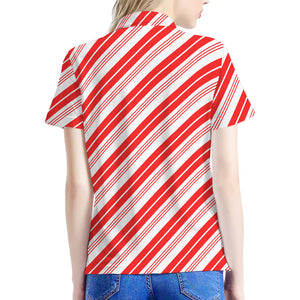 Red And White Candy Cane Stripe Print Women's Polo Shirt