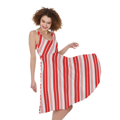 Red And White Candy Cane Stripe Print Women's Sleeveless Dress