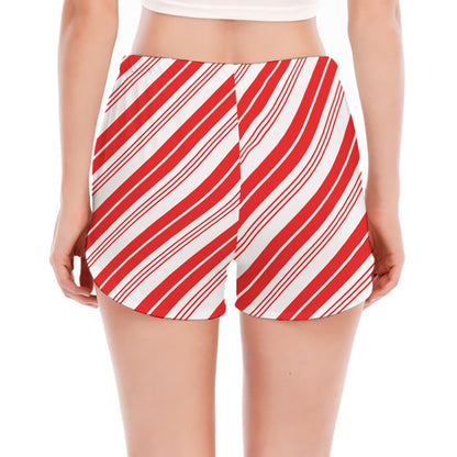 Red And White Candy Cane Stripe Print Women's Split Running Shorts