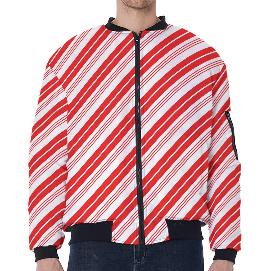 Red And White Candy Cane Stripe Print Zip Sleeve Bomber Jacket