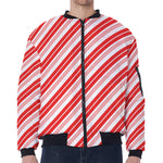 Red And White Candy Cane Stripe Print Zip Sleeve Bomber Jacket