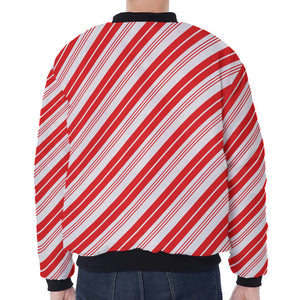 Red And White Candy Cane Stripe Print Zip Sleeve Bomber Jacket