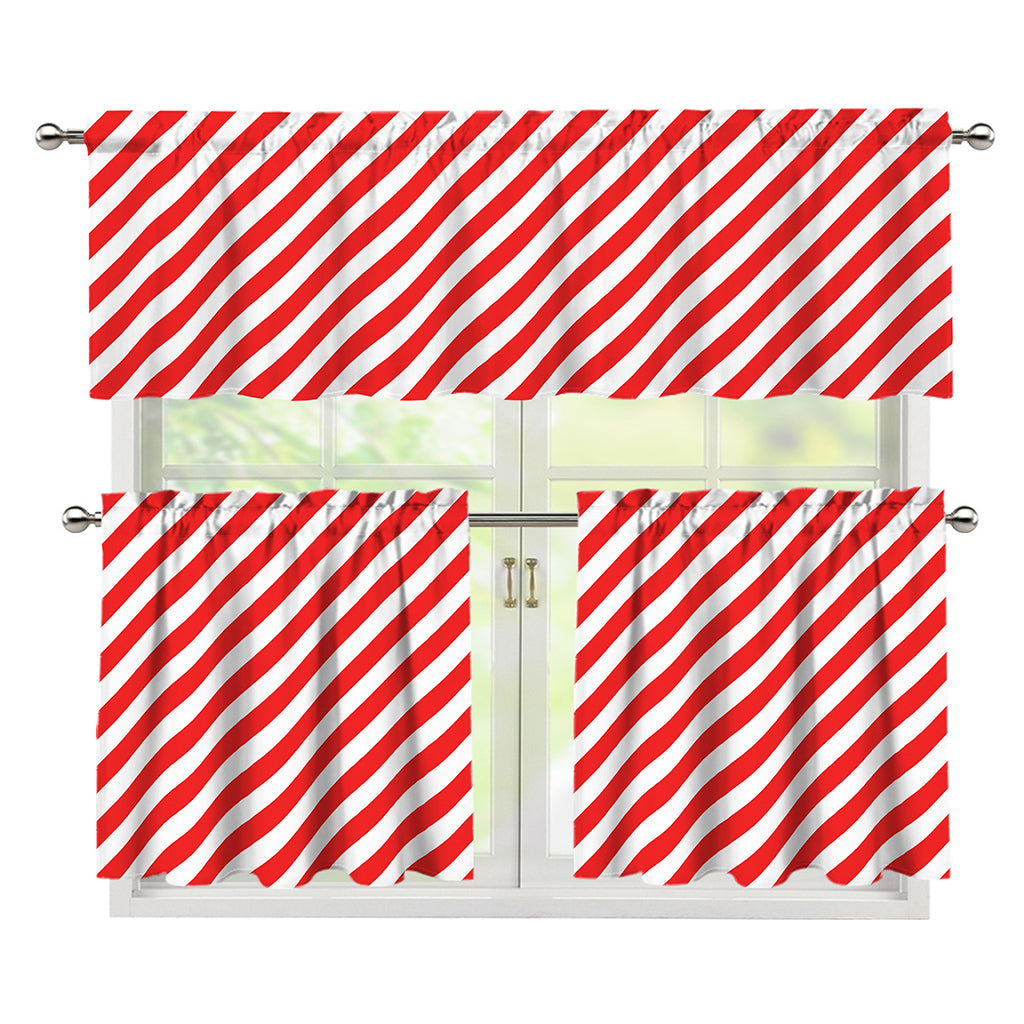Red And White Candy Cane Striped Print 3 Piece Kitchen Curtains
