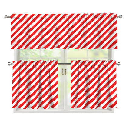 Red And White Candy Cane Striped Print 3 Piece Kitchen Curtains