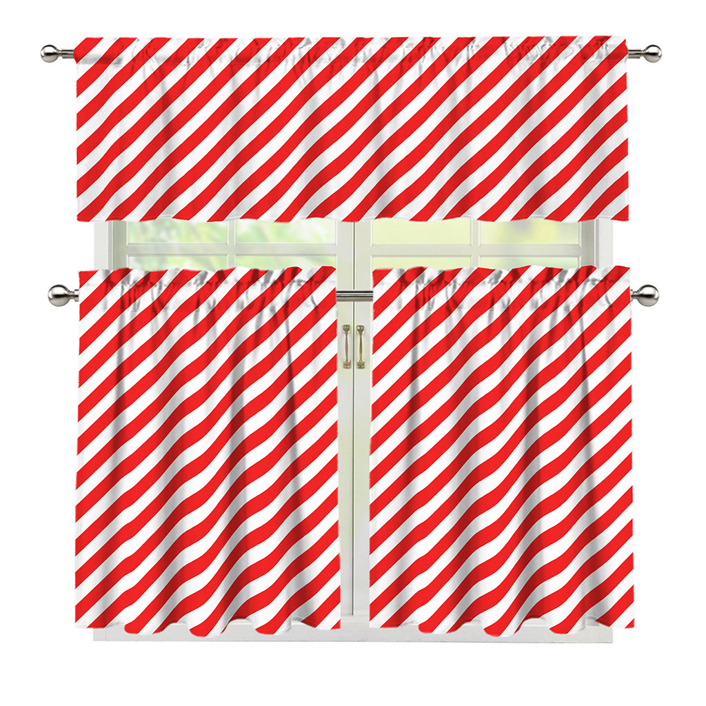 Red And White Candy Cane Striped Print 3 Piece Kitchen Curtains