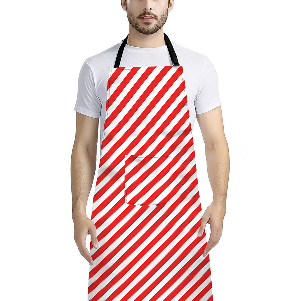 Red And White Candy Cane Striped Print Bib Apron With Pocket