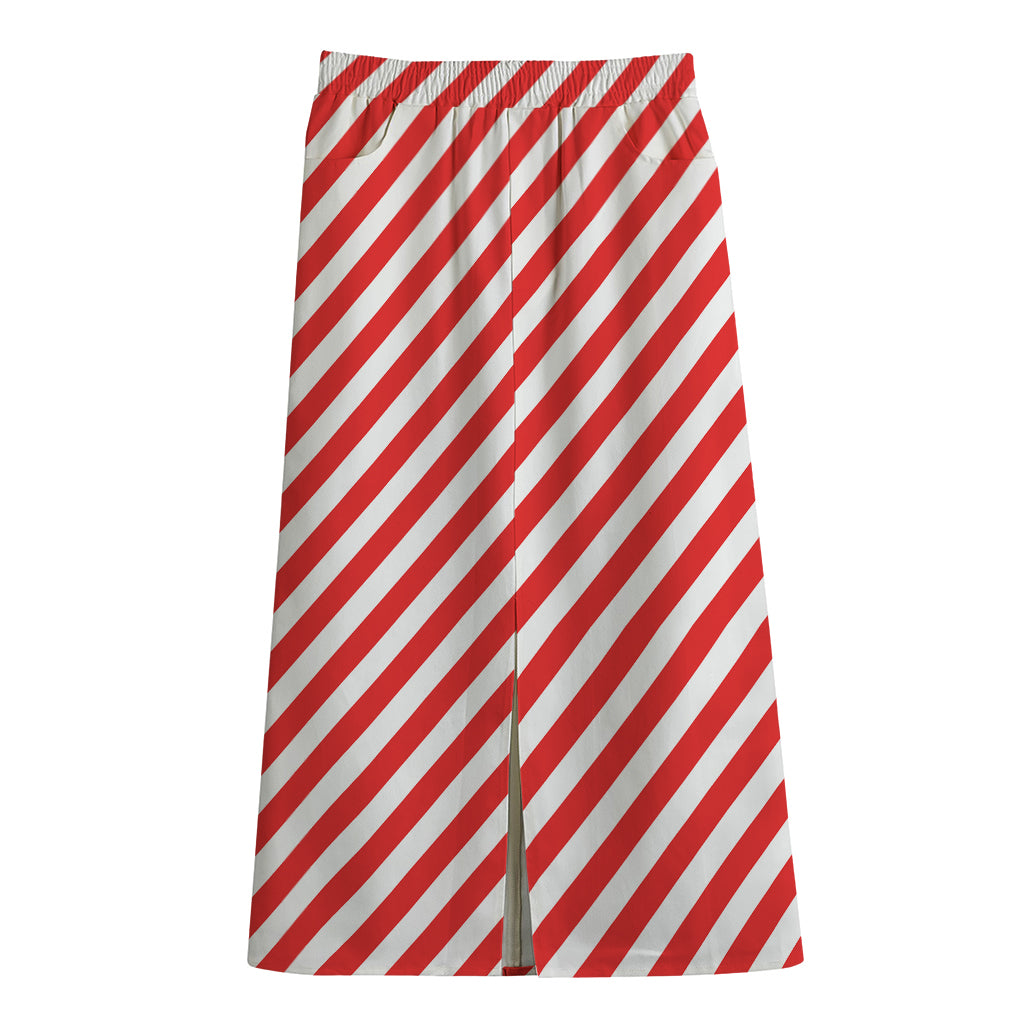 Red And White Candy Cane Striped Print Cotton Front Slit Maxi Skirt