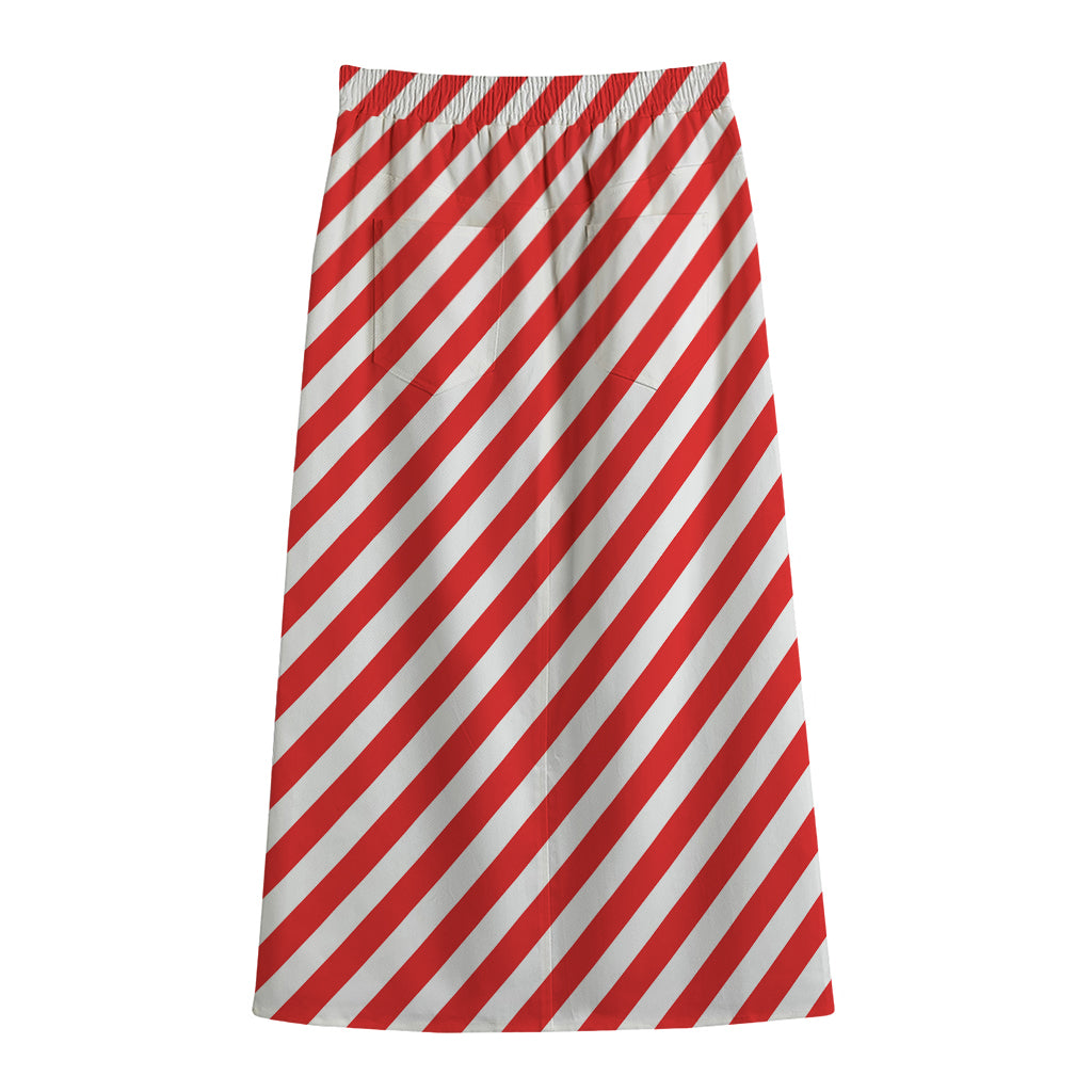 Red And White Candy Cane Striped Print Cotton Front Slit Maxi Skirt