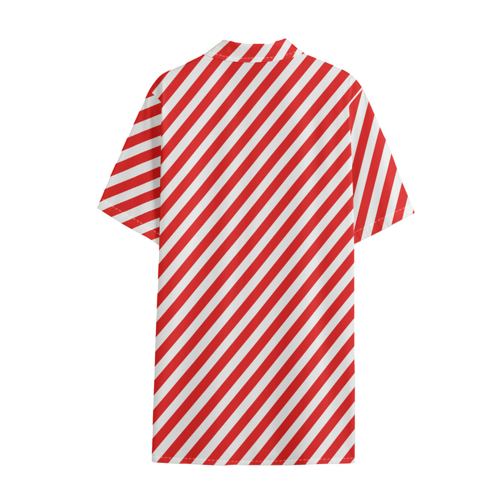 Red And White Candy Cane Striped Print Cotton Hawaiian Shirt