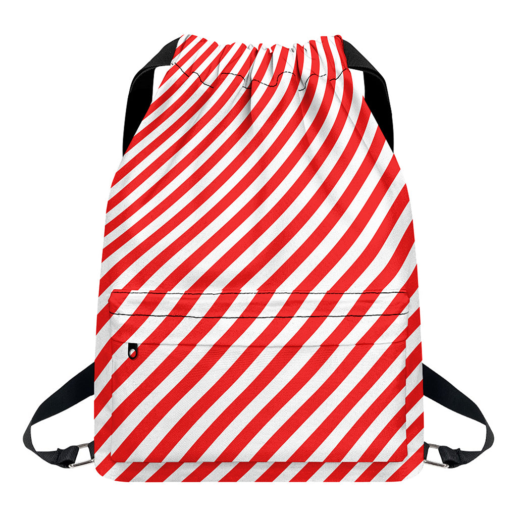 Red And White Candy Cane Striped Print Drawstring Backpack