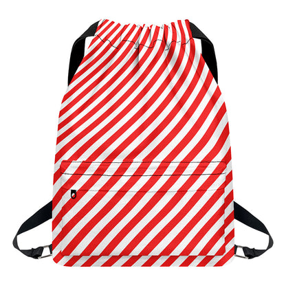 Red And White Candy Cane Striped Print Drawstring Backpack