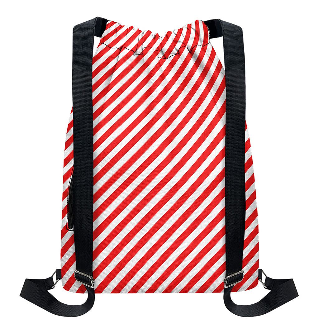 Red And White Candy Cane Striped Print Drawstring Backpack