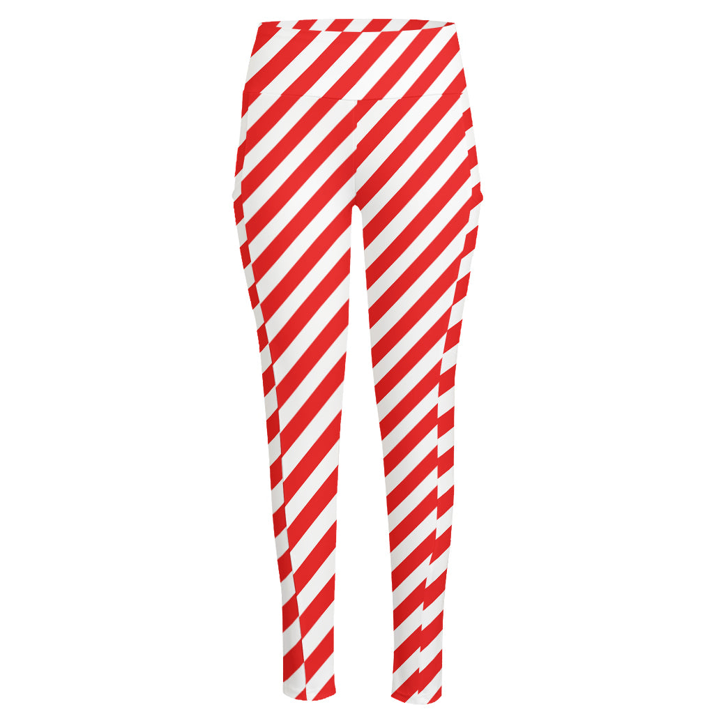 Red And White Candy Cane Striped Print High-Waisted Pocket Leggings