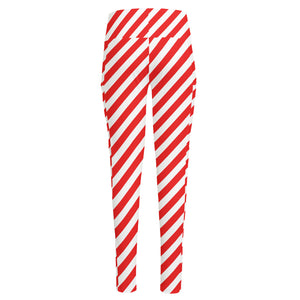 Red And White Candy Cane Striped Print High-Waisted Pocket Leggings