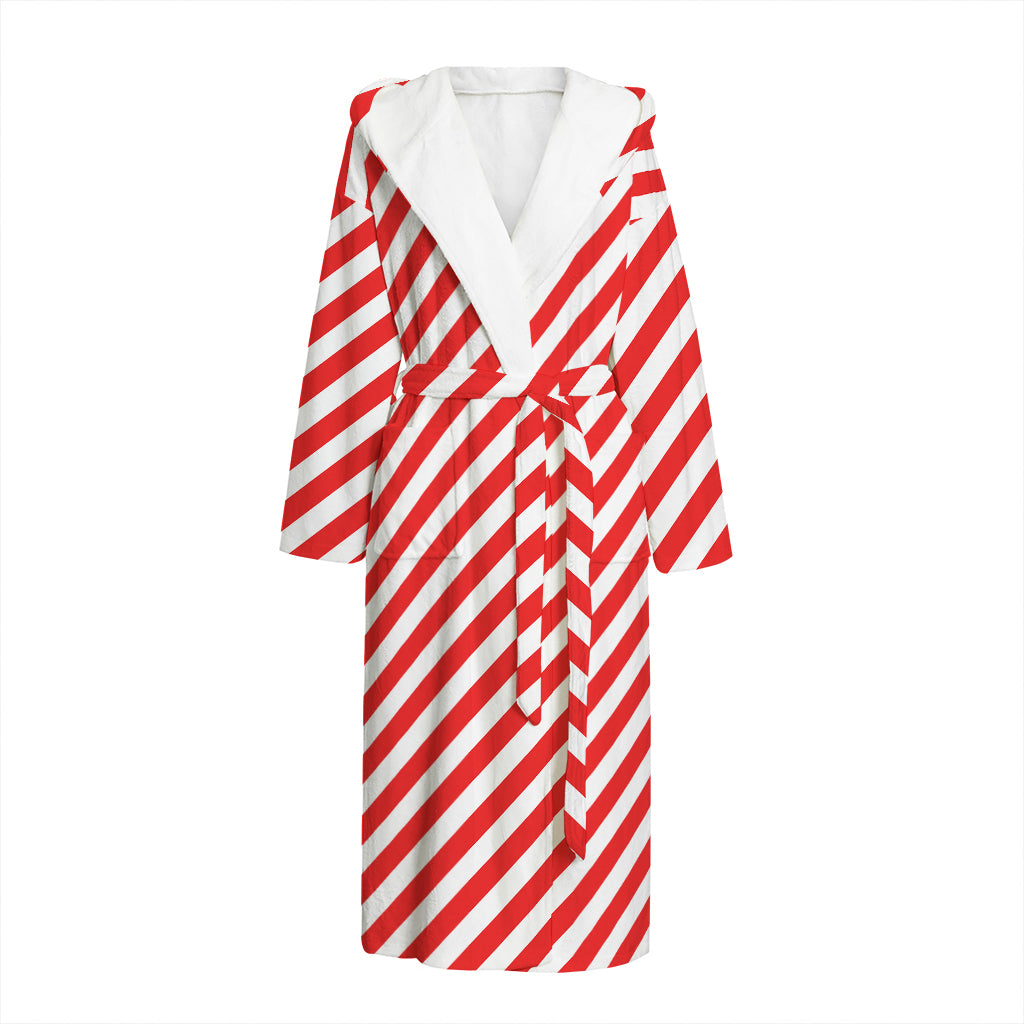 Red And White Candy Cane Striped Print Hooded Bathrobe