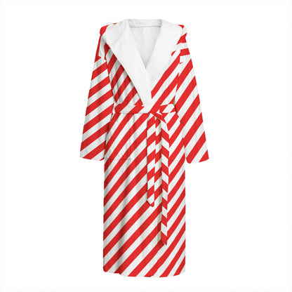 Red And White Candy Cane Striped Print Hooded Bathrobe