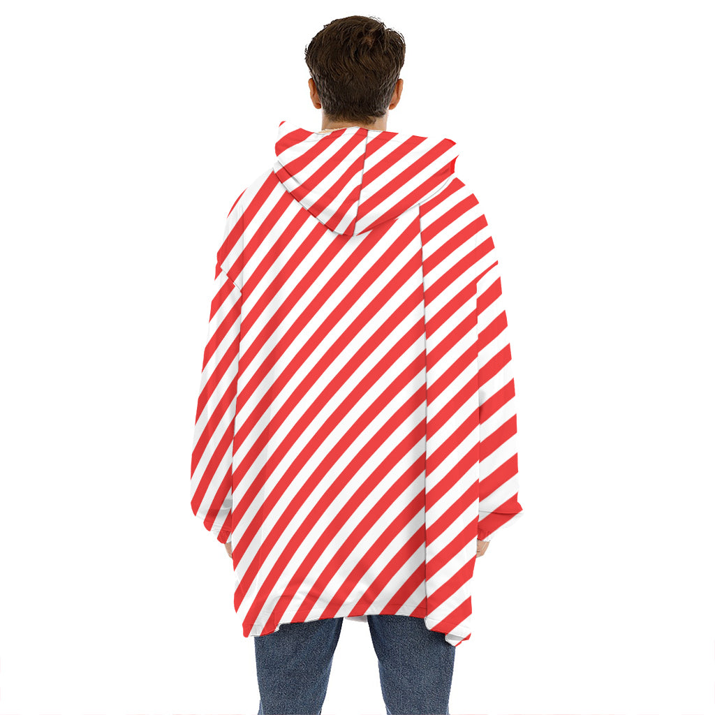 Red And White Candy Cane Striped Print Hoodie Blanket