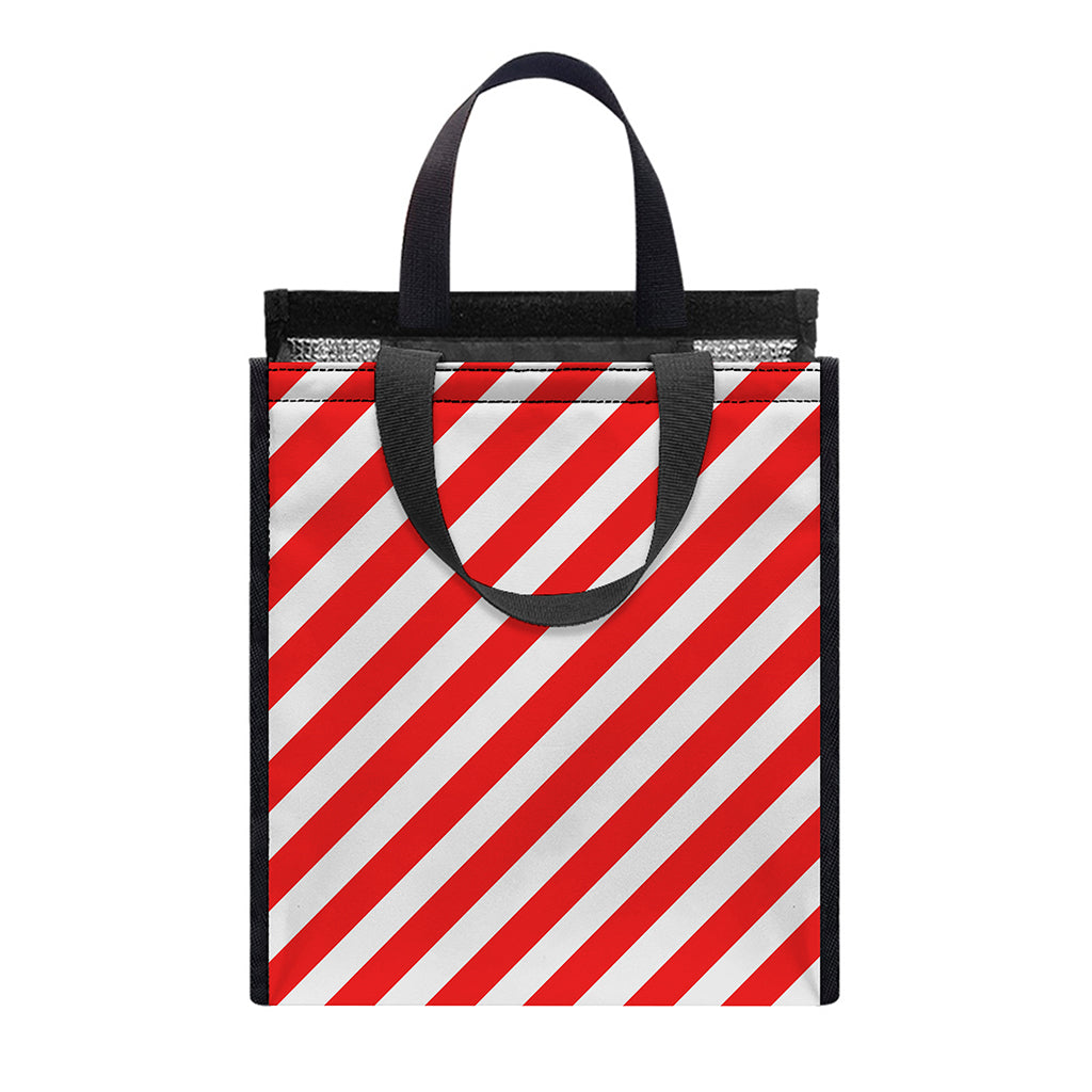 Red And White Candy Cane Striped Print Insulated Lunch Tote