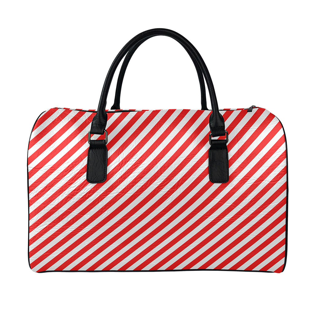 Red And White Candy Cane Striped Print Leather Duffle Bag
