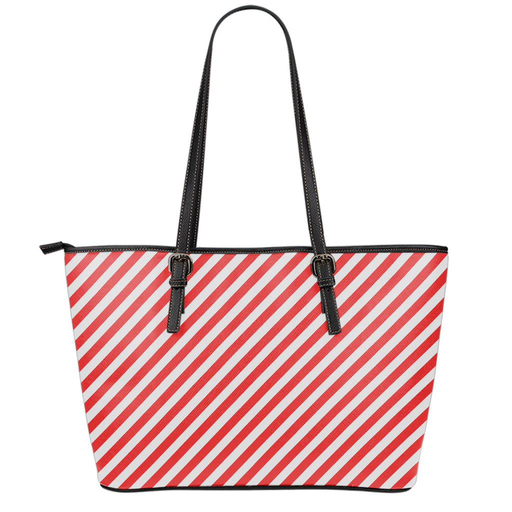 Red And White Candy Cane Striped Print Leather Tote Bag