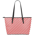 Red And White Candy Cane Striped Print Leather Tote Bag