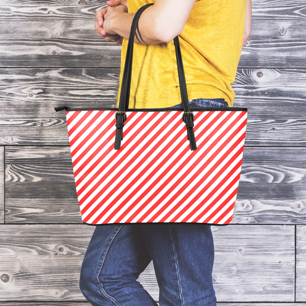 Red And White Candy Cane Striped Print Leather Tote Bag