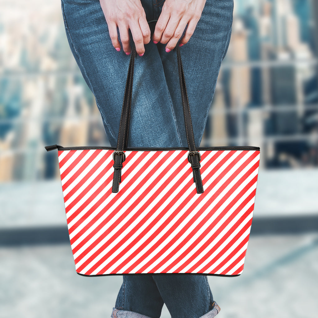 Red And White Candy Cane Striped Print Leather Tote Bag