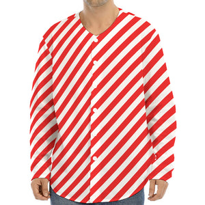 Red And White Candy Cane Striped Print Long Sleeve Baseball Jersey