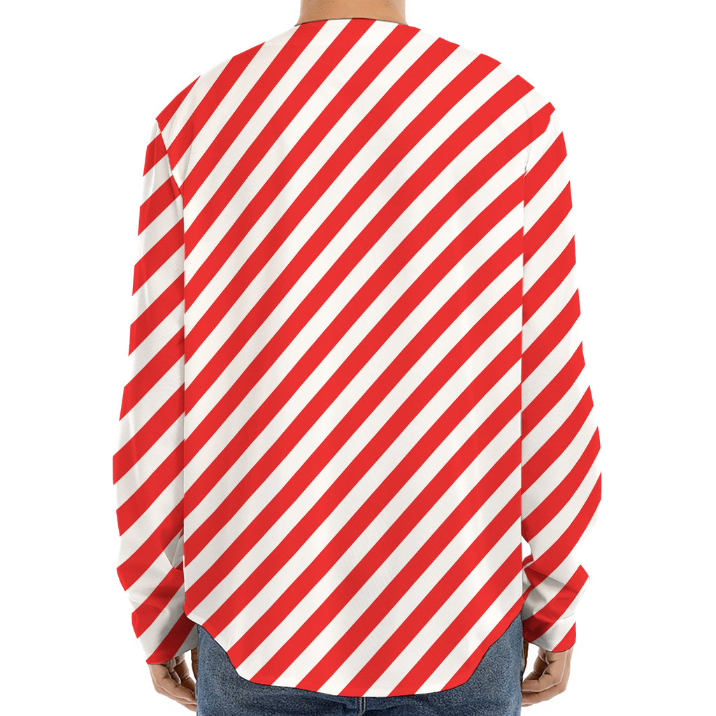 Red And White Candy Cane Striped Print Long Sleeve Baseball Jersey