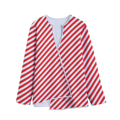 Red And White Candy Cane Striped Print Long Sleeve Short Coat