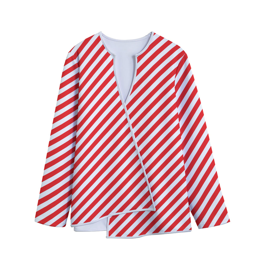 Red And White Candy Cane Striped Print Long Sleeve Short Coat