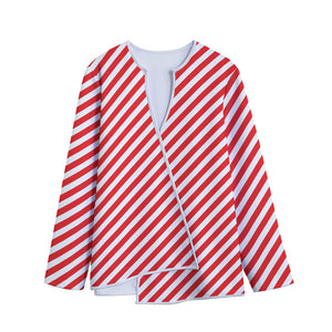 Red And White Candy Cane Striped Print Long Sleeve Short Coat