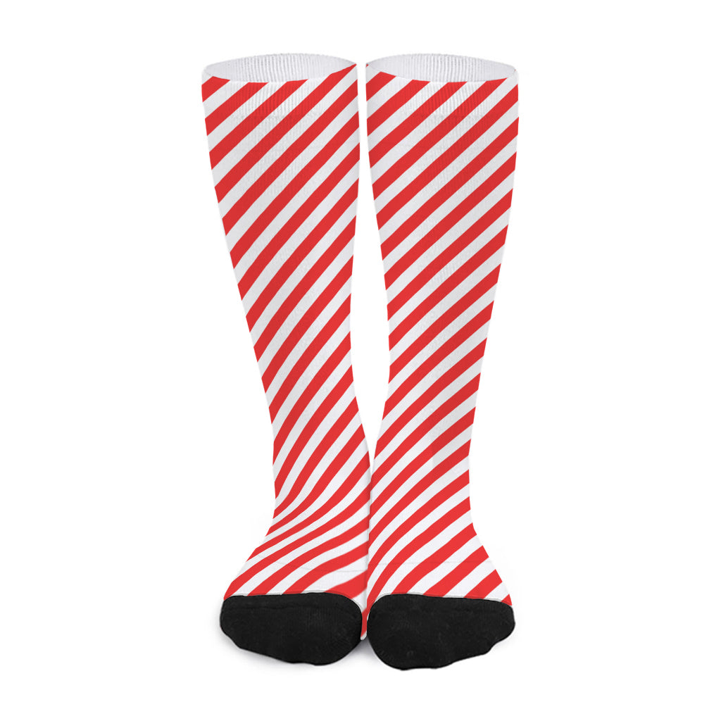 Red And White Candy Cane Striped Print Long Socks