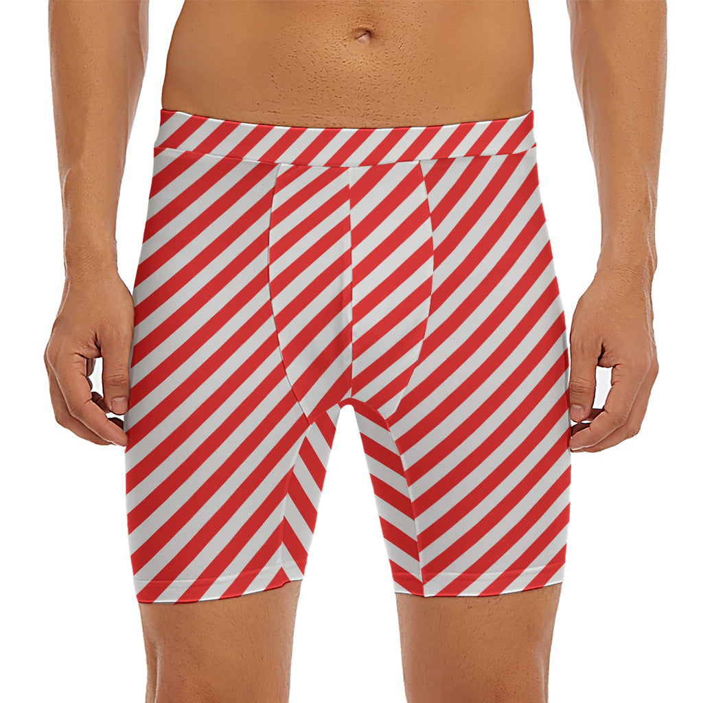 Red And White Candy Cane Striped Print Men's Long Boxer Briefs