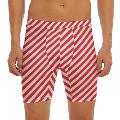 Red And White Candy Cane Striped Print Men's Long Boxer Briefs