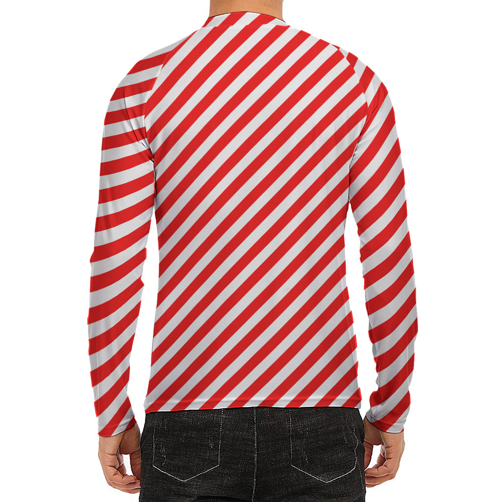 Red And White Candy Cane Striped Print Men's Long Sleeve Rash Guard